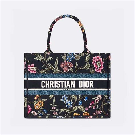 Medium Dior Book Tote Black Multicolor Dior Petites Fleurs 